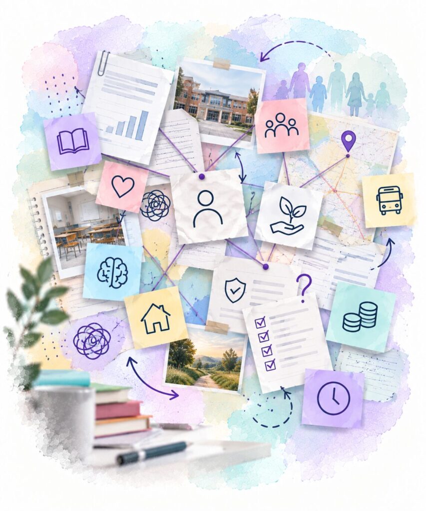 Illustration showing fragmented learner information being brought together into a clearer shared picture.