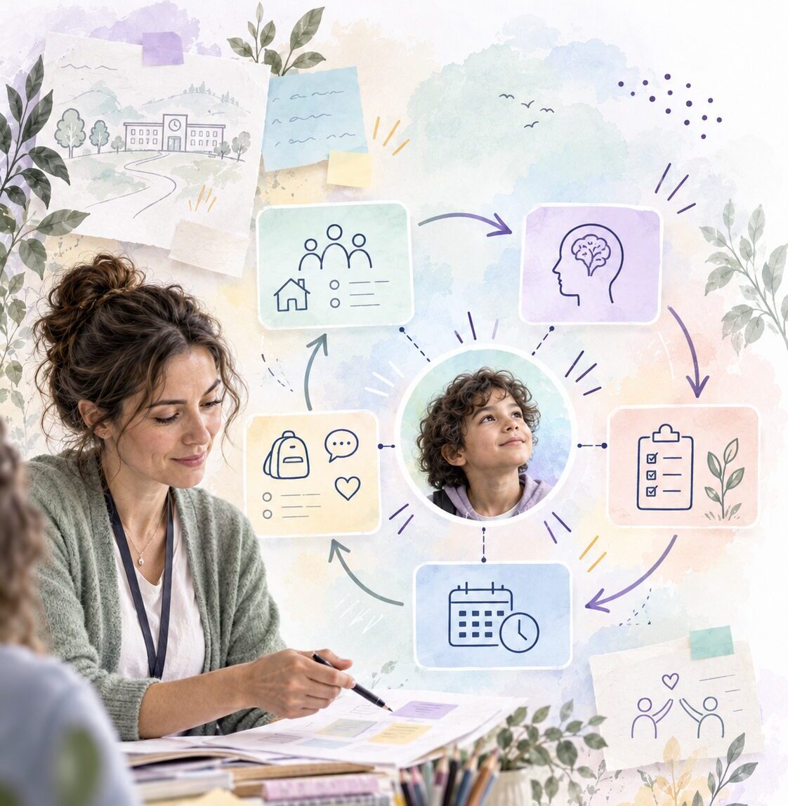 A learner-centred cycle connecting specialist recommendations, current support, agreed action and review.